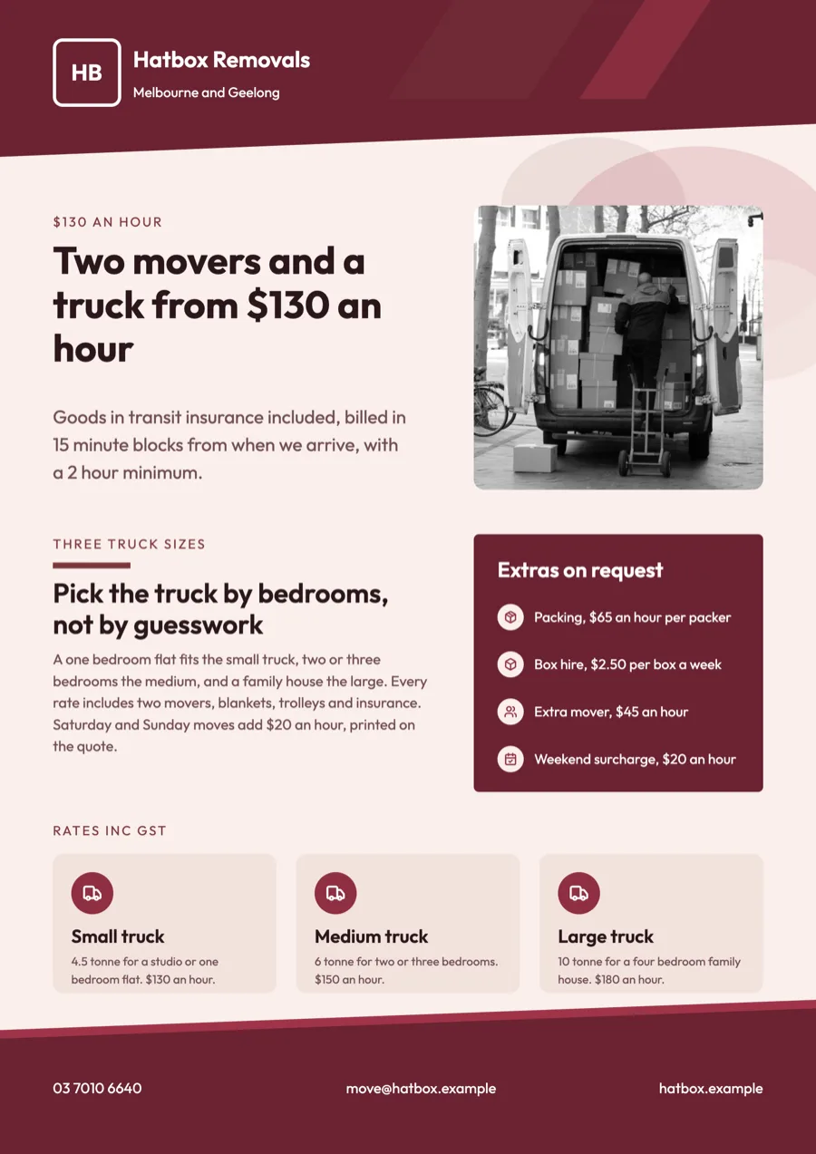 Removalist flyer example with hourly rates and truck sizes example