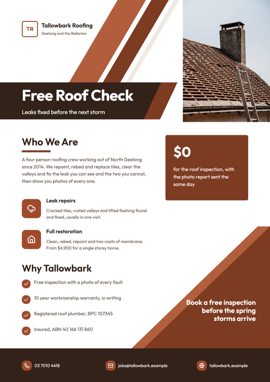 Roofing flyer example with a free inspection and restoration price example