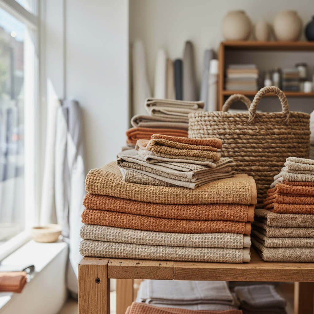 A stack of folded waffle-weave cotton bath towels in oatmeal and clay on an open shelf inside a small linen shop, more folded towels and a woven basket behind, soft daylight through a shopfront window, no people, no text, no signage