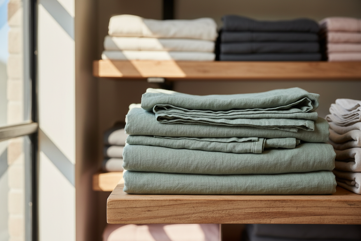 Folded stonewashed French flax bed sheets in dusty sage stacked on an open timber shelf in a homewares shop, warm daylight from a side window, other folded linens softly out of focus behind, no people, no text, no signage