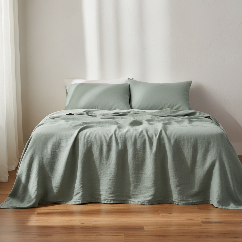 A neatly made bed dressed in washed sage green linen, rumpled top sheet and two stacked pillows, in a sunlit bedroom with a chalk white wall and a timber floor, morning light falling across the bedding, no people, no text, no signage