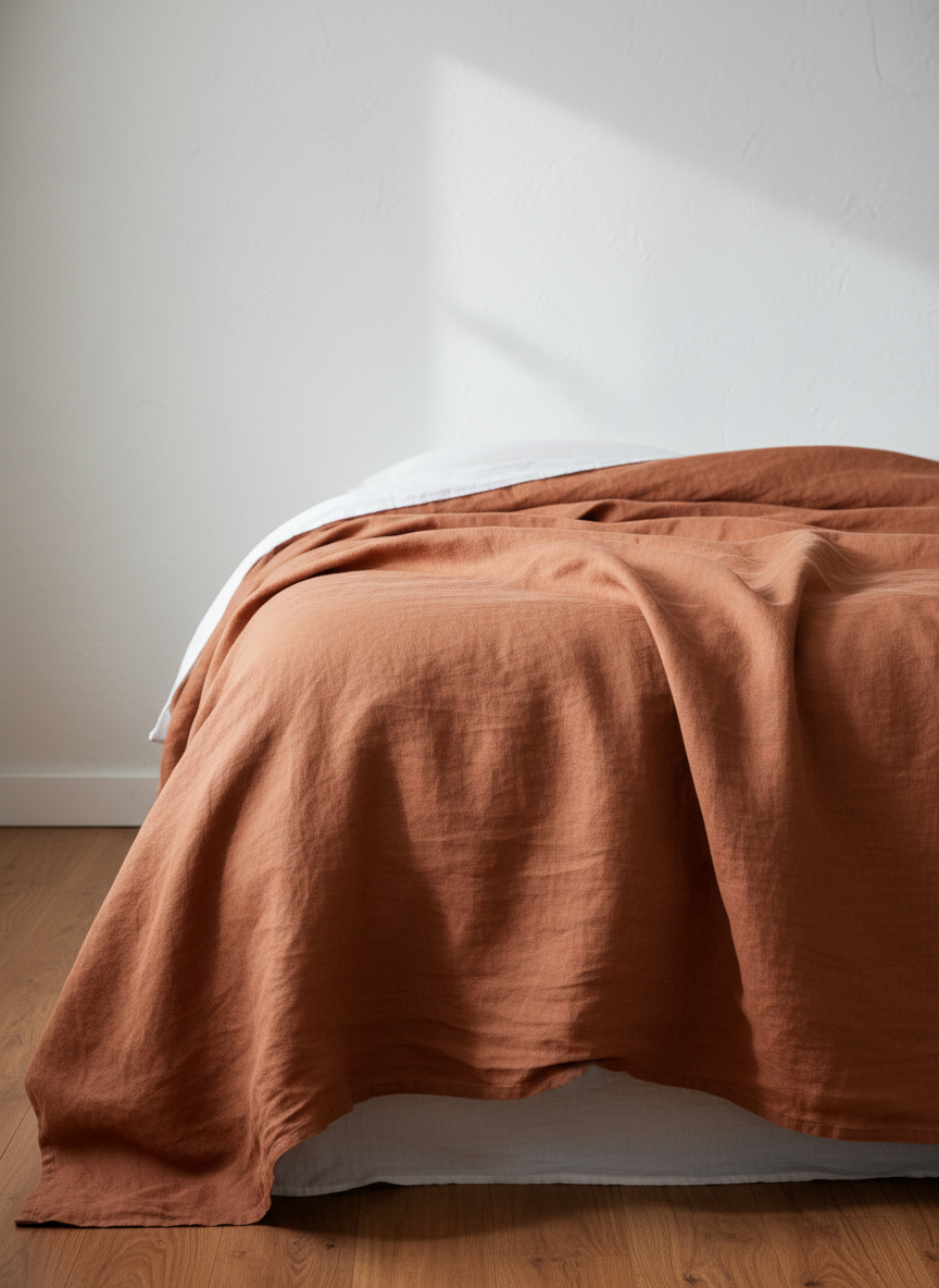 A linen quilt cover in warm terracotta draped over the end of a bed in a plain sunlit bedroom, deep soft folds, chalk white wall and a timber floor behind, tall vertical framing, no people, no text, no signage