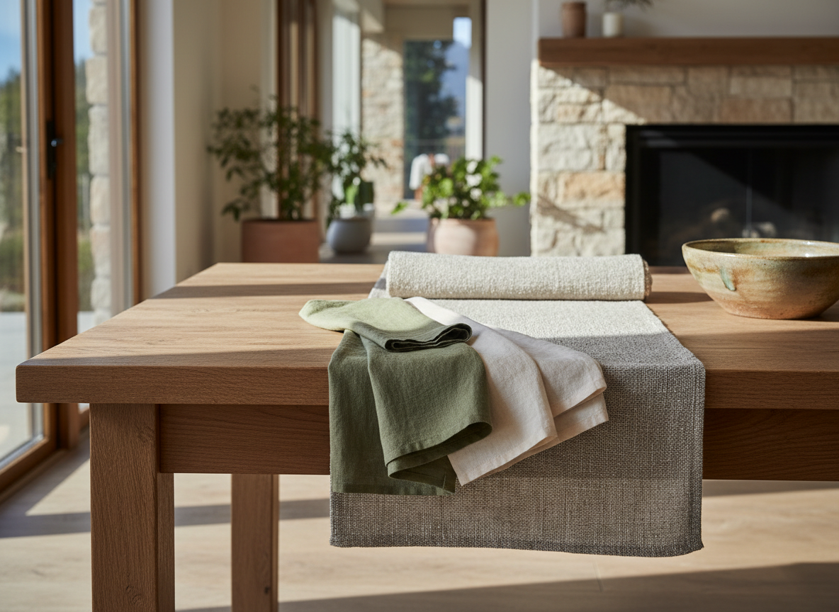Folded linen napkins and a rolled table runner in olive and cream resting on a bare oak table in a sunlit dining room, a stoneware bowl at the far edge, warm daylight, no people, no text, no signage