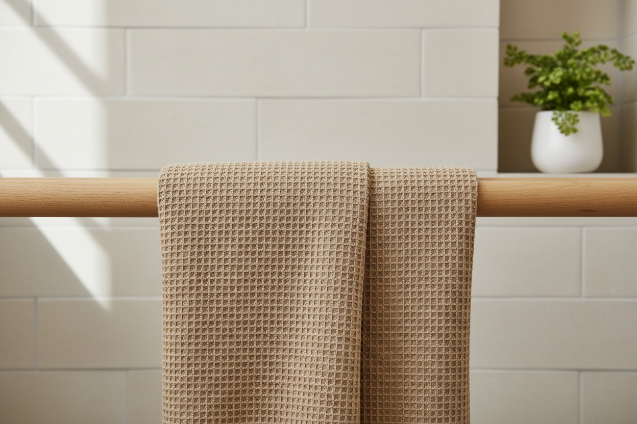 A waffle-weave cotton bath sheet in warm oatmeal folded over a timber rail in a bright bathroom, pale tiled wall and a small potted plant behind, soft daylight, no people, no text, no signage