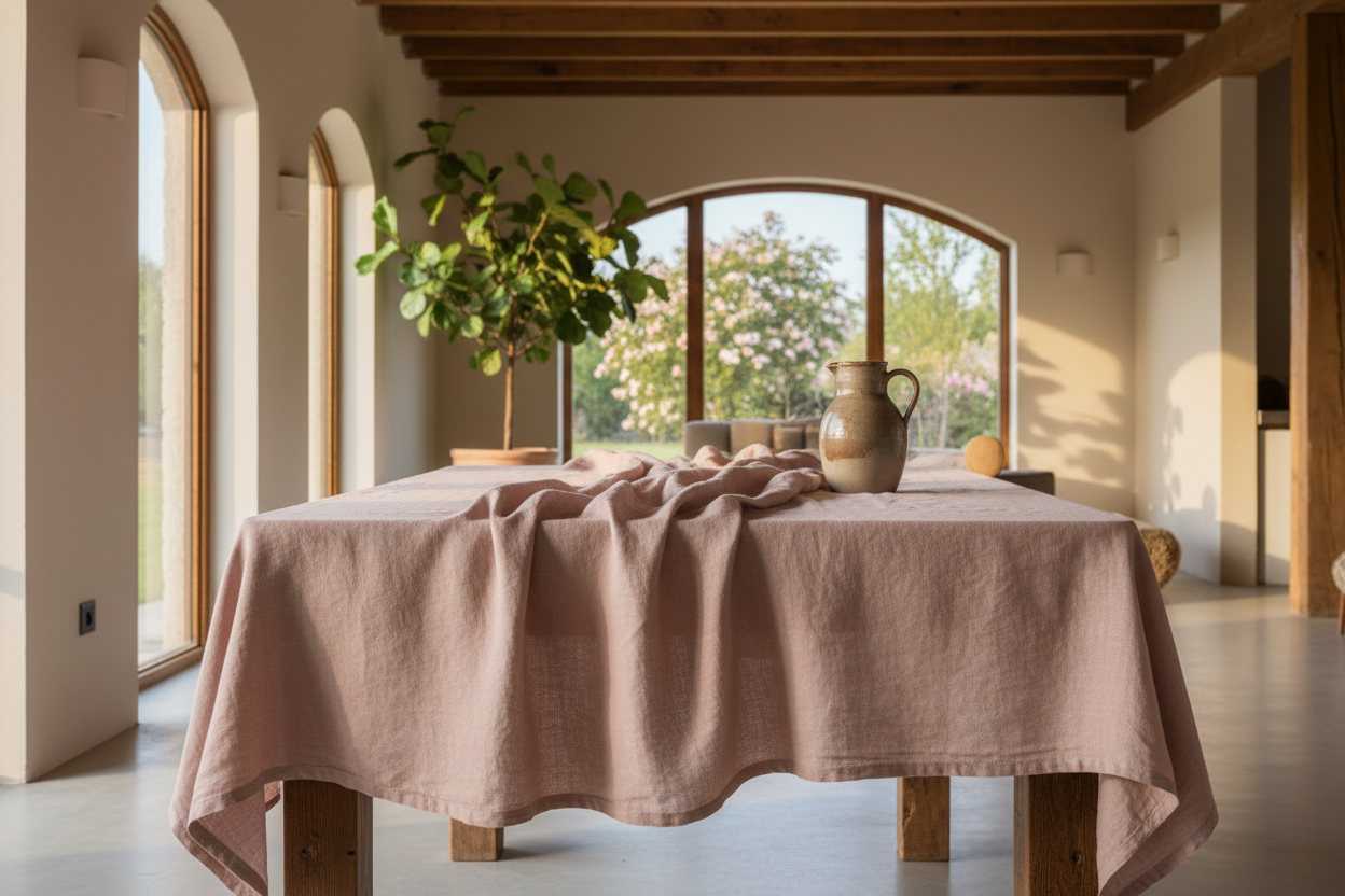 A pure linen tablecloth in soft clay pink spread across a dining table in a sunlit room, gentle creases and a stoneware jug at one end, warm afternoon light, no people, no text, no signage