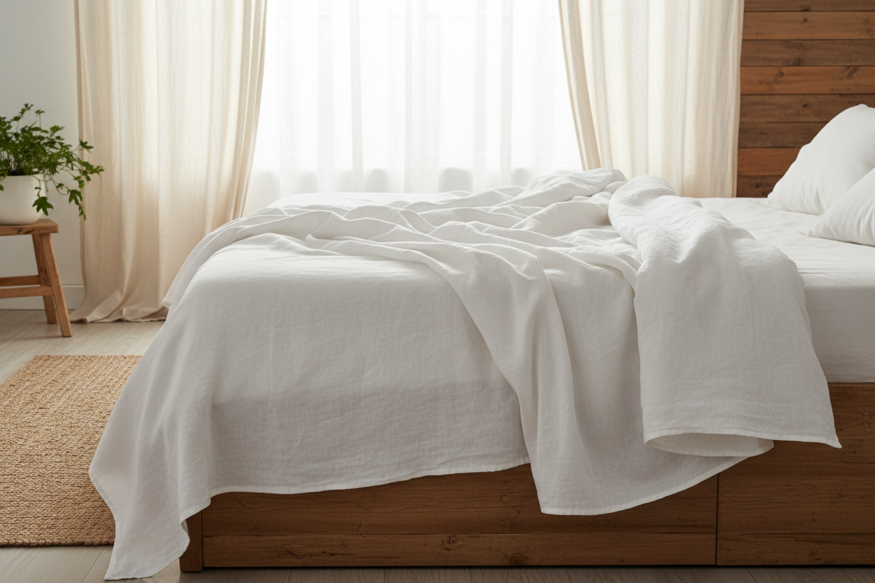 A stonewashed linen quilt cover in chalk white folded across the end of a bed in a bright bedroom, timber bedhead and a curtained window behind, soft morning light, no people, no text, no signage