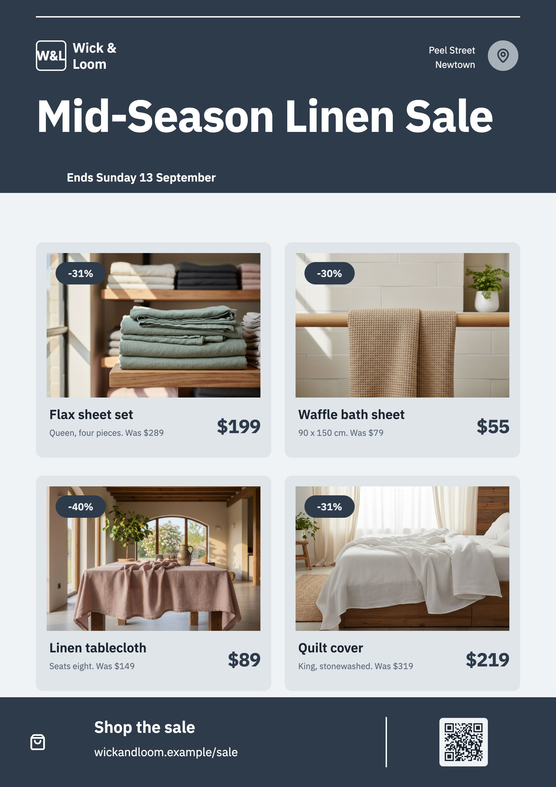 A linen sale flyer with four priced product cards and a QR code in the footer beside the shop address