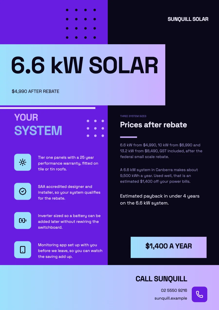 Solar installer flyer with system sizes, prices and payback example