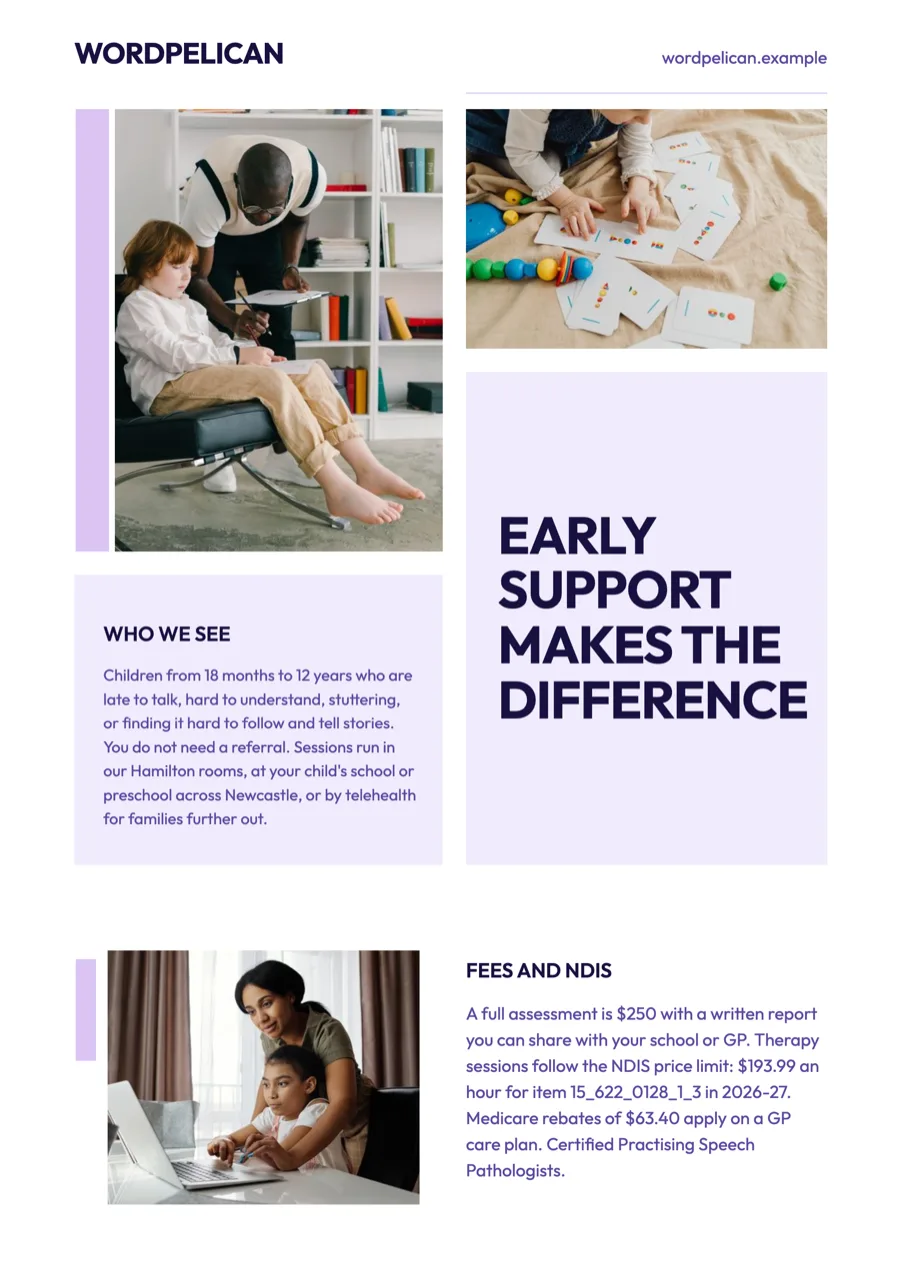 Speech pathology flyer for families, with NDIS pricing example