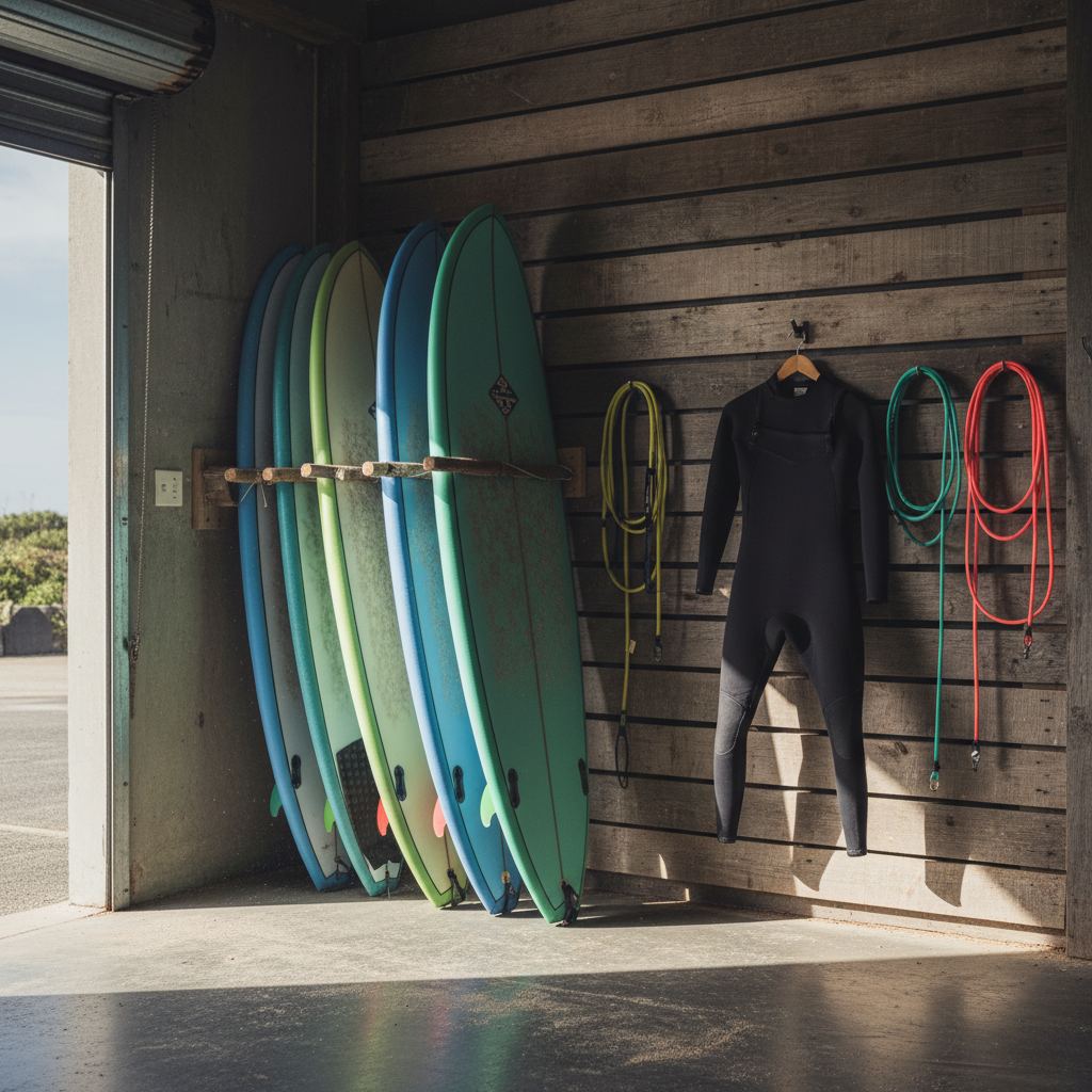 A rack of soft top surfboards leaning against a weathered timber wall inside a coastal shop, coiled leg ropes and a wetsuit on a hanger beside them, salty daylight through an open roller door, tall vertical framing, no people, no text, no signage