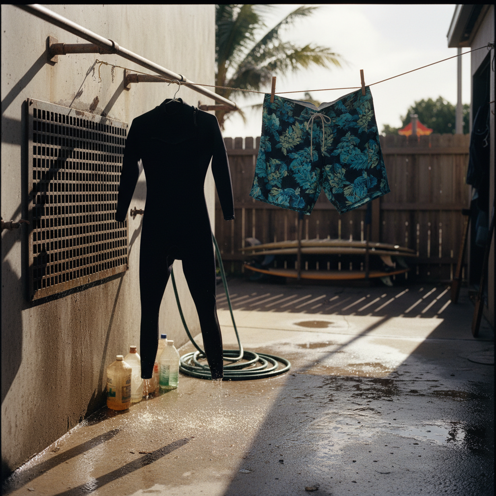 The rinse bay behind a surf shop, a spring suit hanging to drip over a grate, boardshorts pegged on a line, sunlight cutting across wet concrete, square framing, no people, no text, no signage