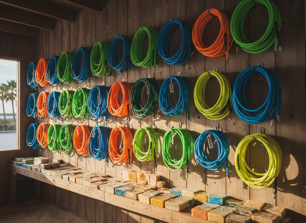 Coiled surfboard leg ropes hanging on hooks along a shop wall, a shelf of wax below, daylight from the side, no people, no text, no signage