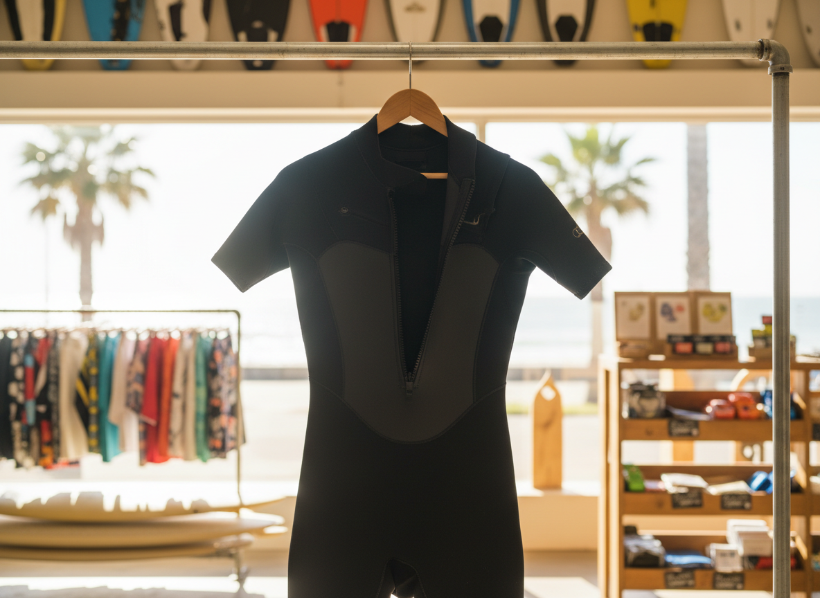 A black neoprene spring wetsuit hanging open on a wooden hanger from a shop rail, short sleeves and back zip clearly visible, bright coastal daylight from a shopfront window behind it, the suit filling most of the frame, no people, no text, no signage