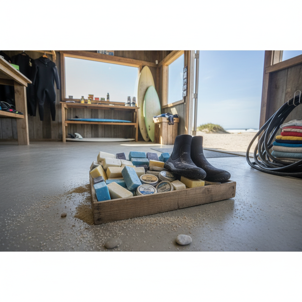 A shallow crate of surf wax blocks, zinc tins and neoprene booties on the sanded concrete floor of a beachside shop, sand grains and a coiled hose visible at the edge, wide framing, no people, no text, no signage