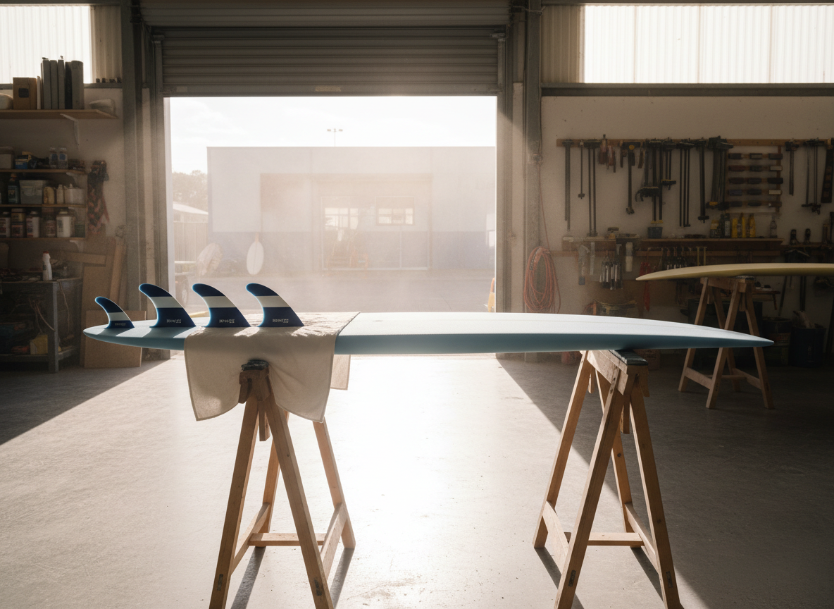 A pale blue foam topped surfboard lying deck up across two trestles in a bright open workshop, three fins laid on a cloth beside it, strong daylight from a wide open roller door, no people, no text, no signage