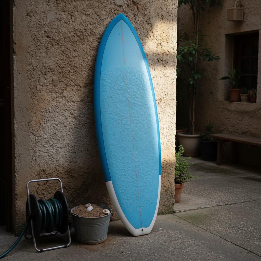 A 7 foot foam surfboard resting nose down against a rendered wall in a shop courtyard, morning shade, a hose reel and a bucket of sand beside it, square framing, no people, no text, no signage