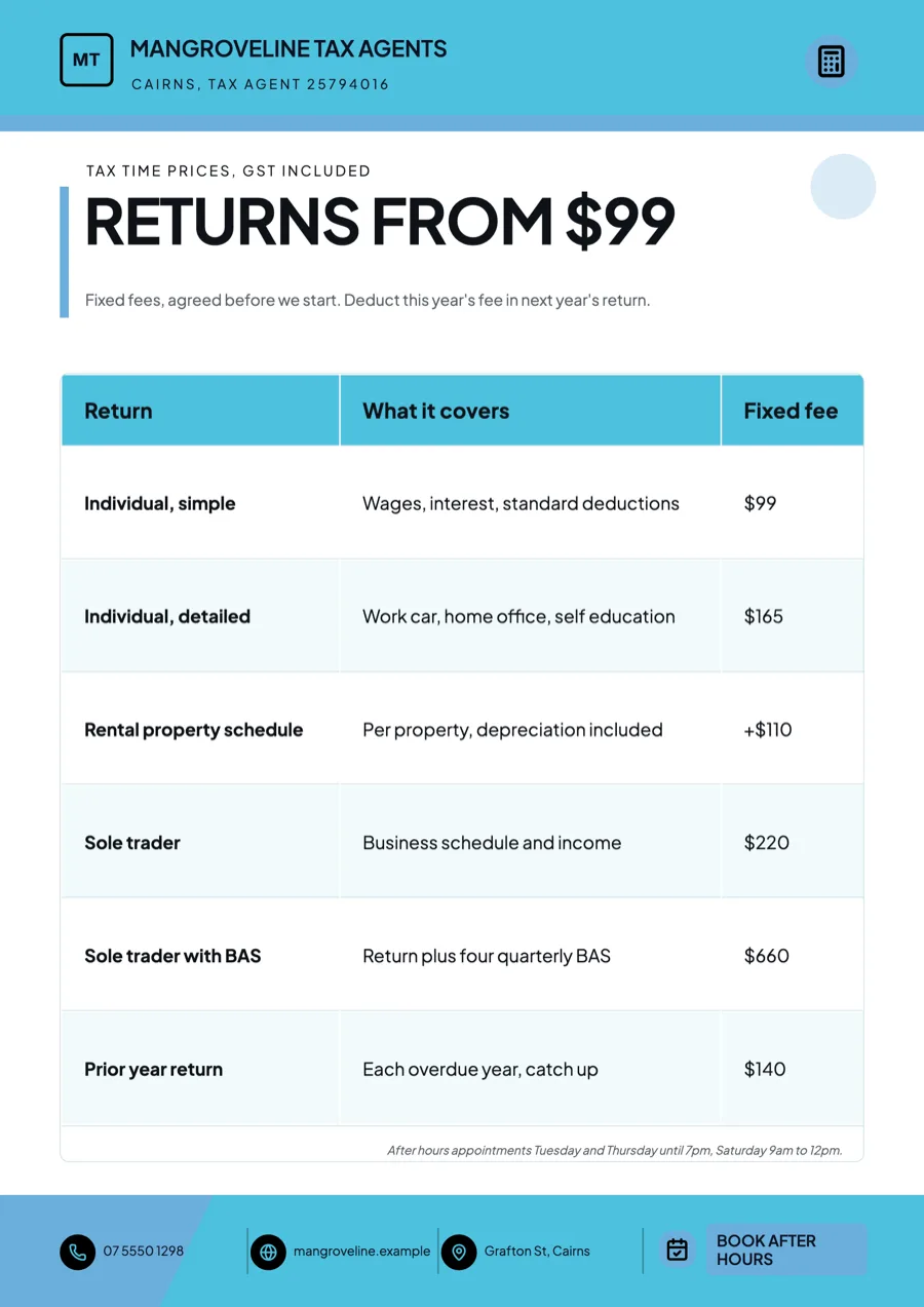 Tax agent flyer for tax time, with return prices example