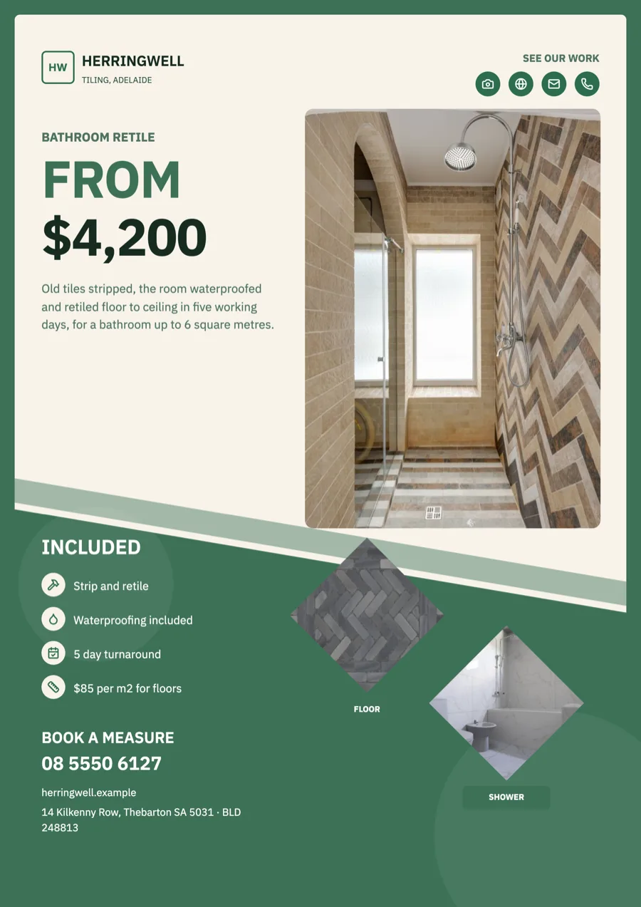 Tiler flyer with a bathroom retile package and per metre rate example