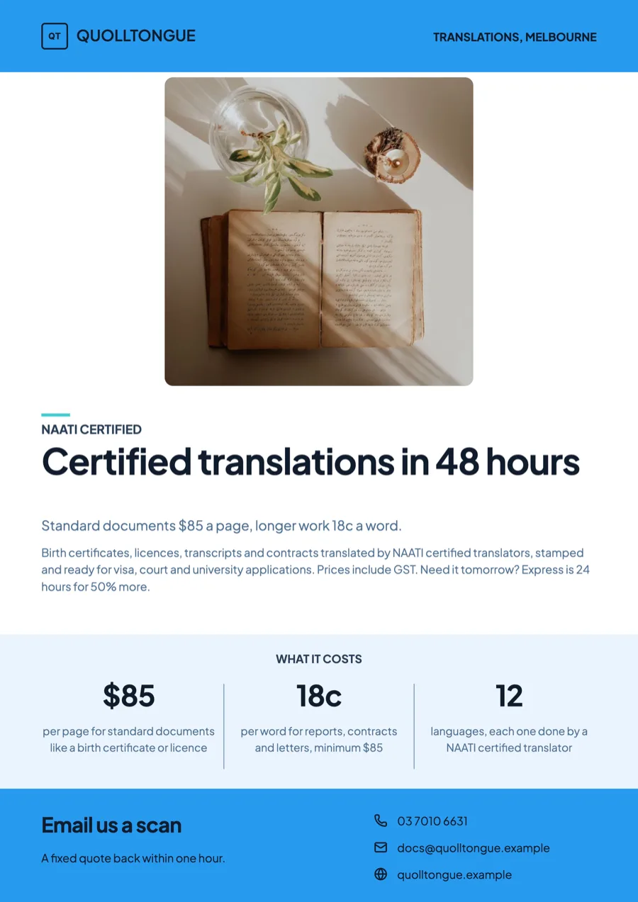 Translation service flyer with per word rates and NAATI certification example