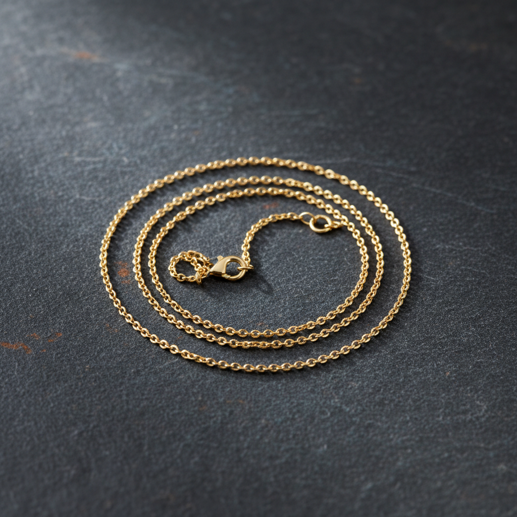 A fine gold chain necklace laid in a loose coil on dark slate, one soft light, close crop, no people, no text, no signage