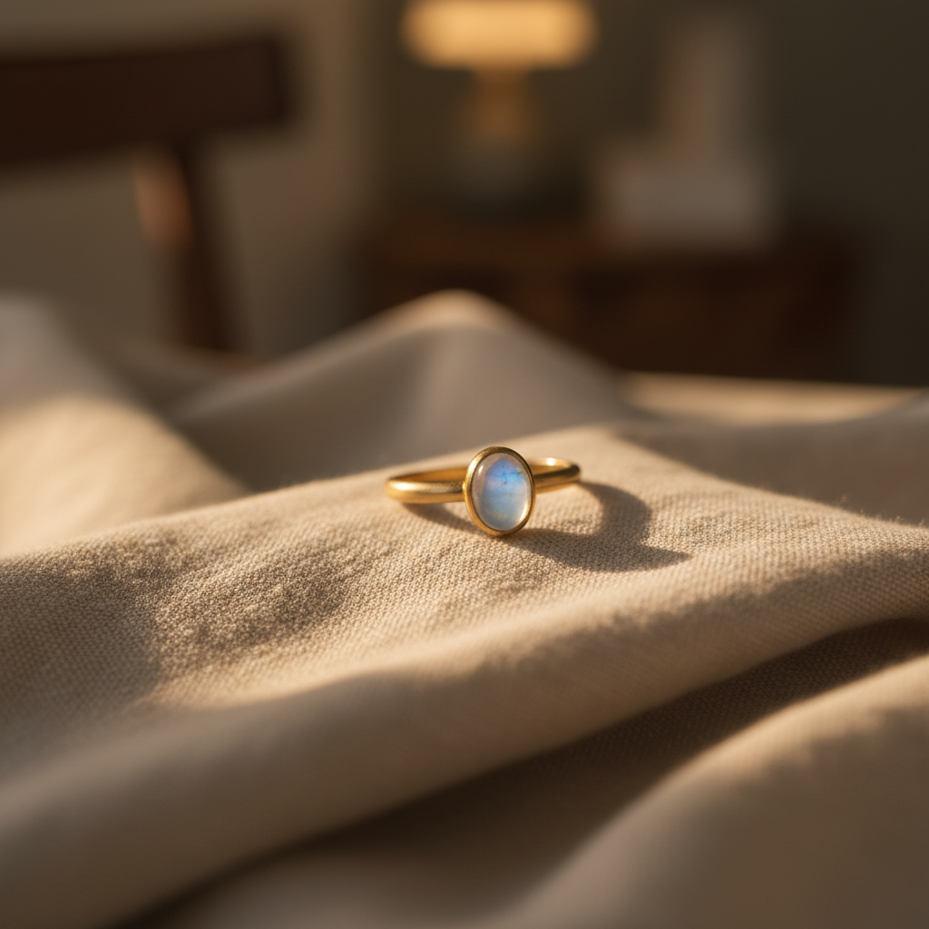 A gold ring set with a single pale stone standing upright on folded linen, warm lamp light from one side, very close crop, shallow depth of field, no people, no text, no signage