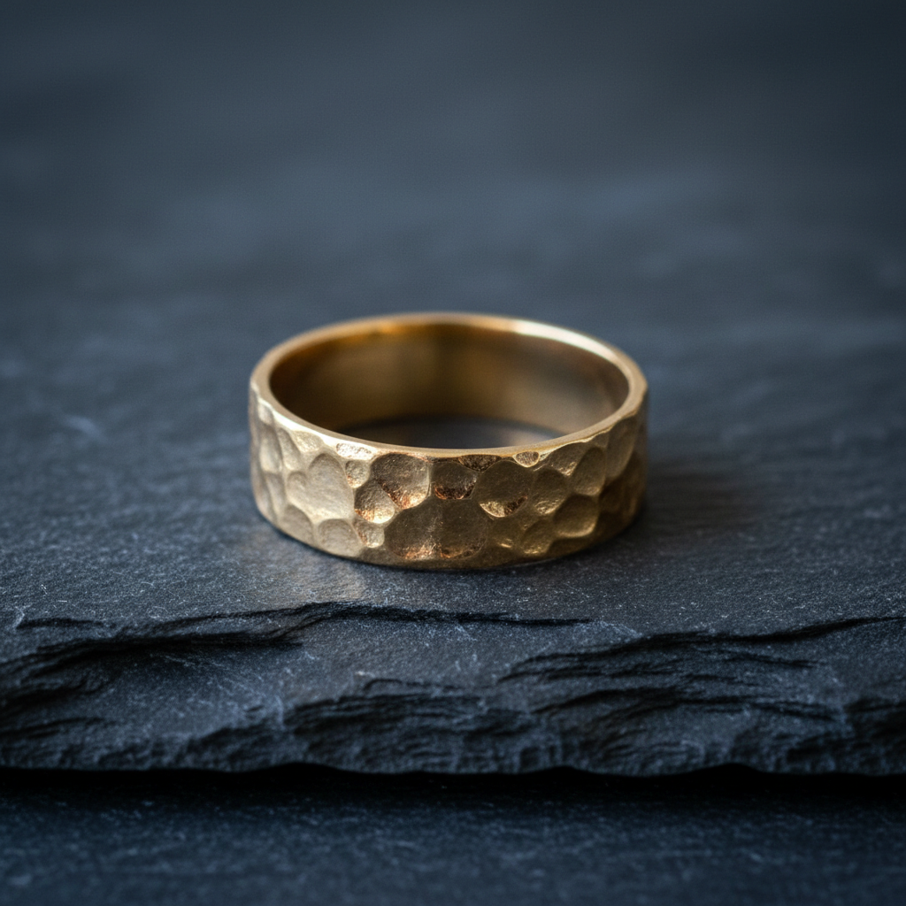 A gold ring with a hammered textured finish lying on dark slate, close crop, soft light, no people, no text, no signage