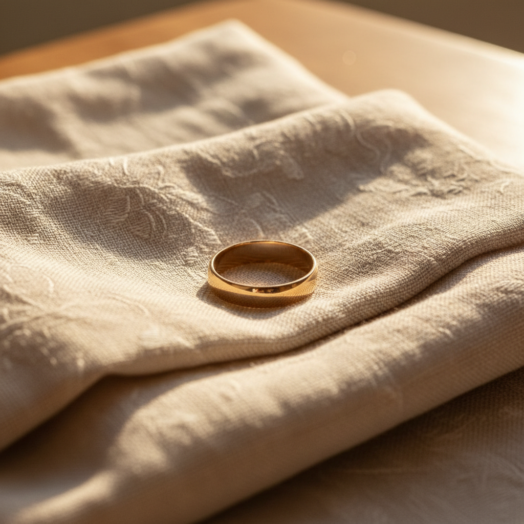 A plain gold band resting on folded pale linen, warm side light, close crop, no people, no text, no signage