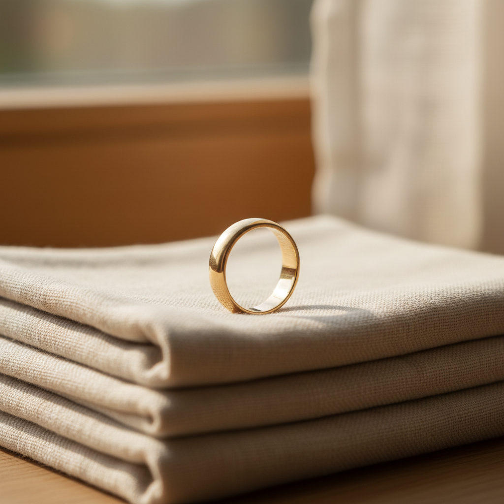 A plain nine carat gold band standing upright on folded pale linen, one soft light from the left, very close crop, shallow depth of field, no people, no text, no signage