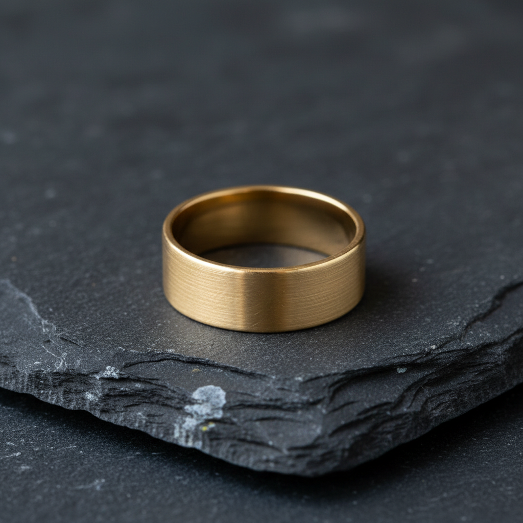 A gold ring with a brushed matt finish lying on dark slate, close crop, soft light, no people, no text, no signage