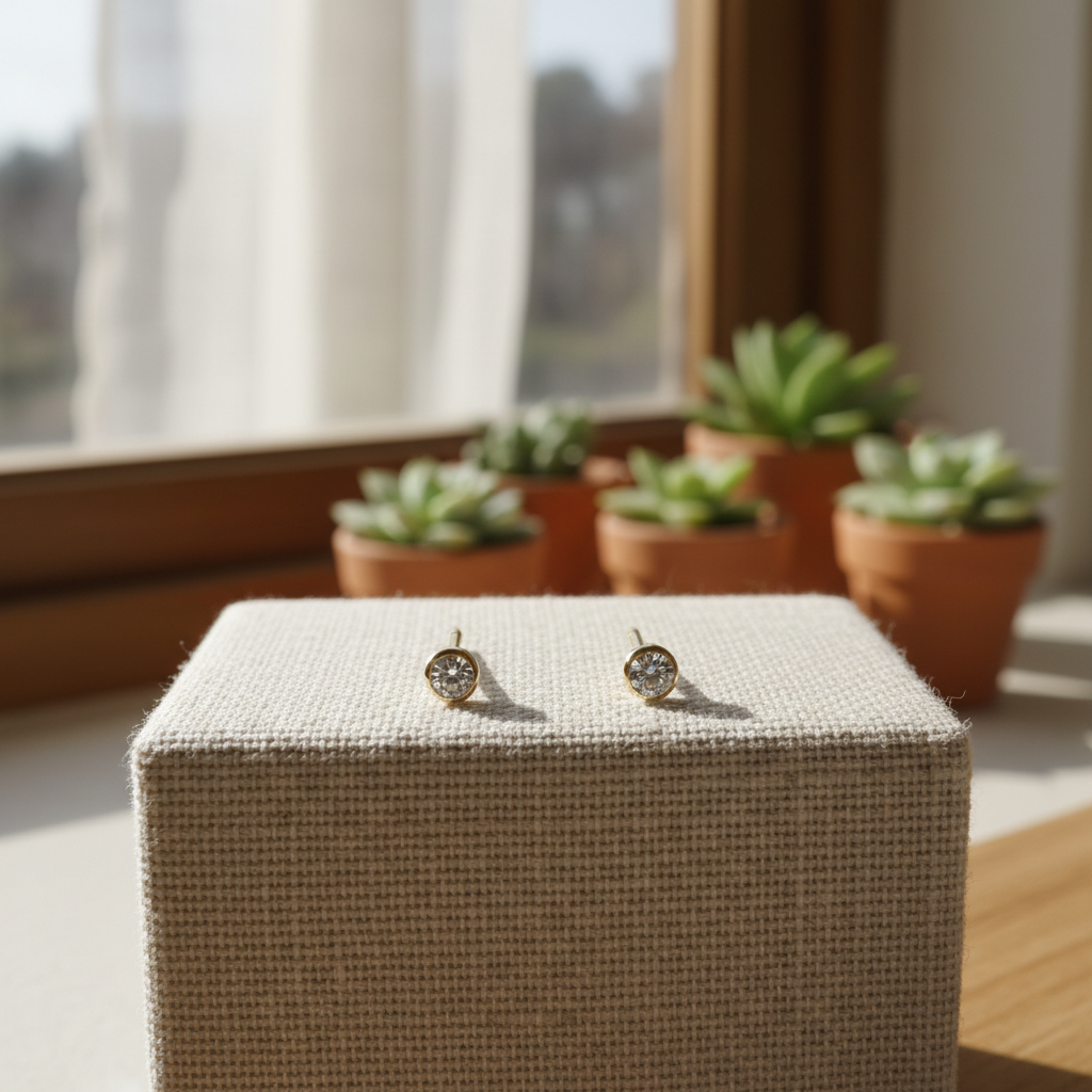 A pair of small gold stud earrings on a pale linen display block, soft daylight, close crop, no people, no text, no signage