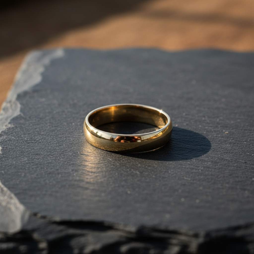 A gold ring with a high polished mirror finish lying on dark slate, close crop, soft light, no people, no text, no signage