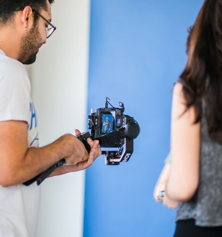 cinema camera on a gimbal in a workshop