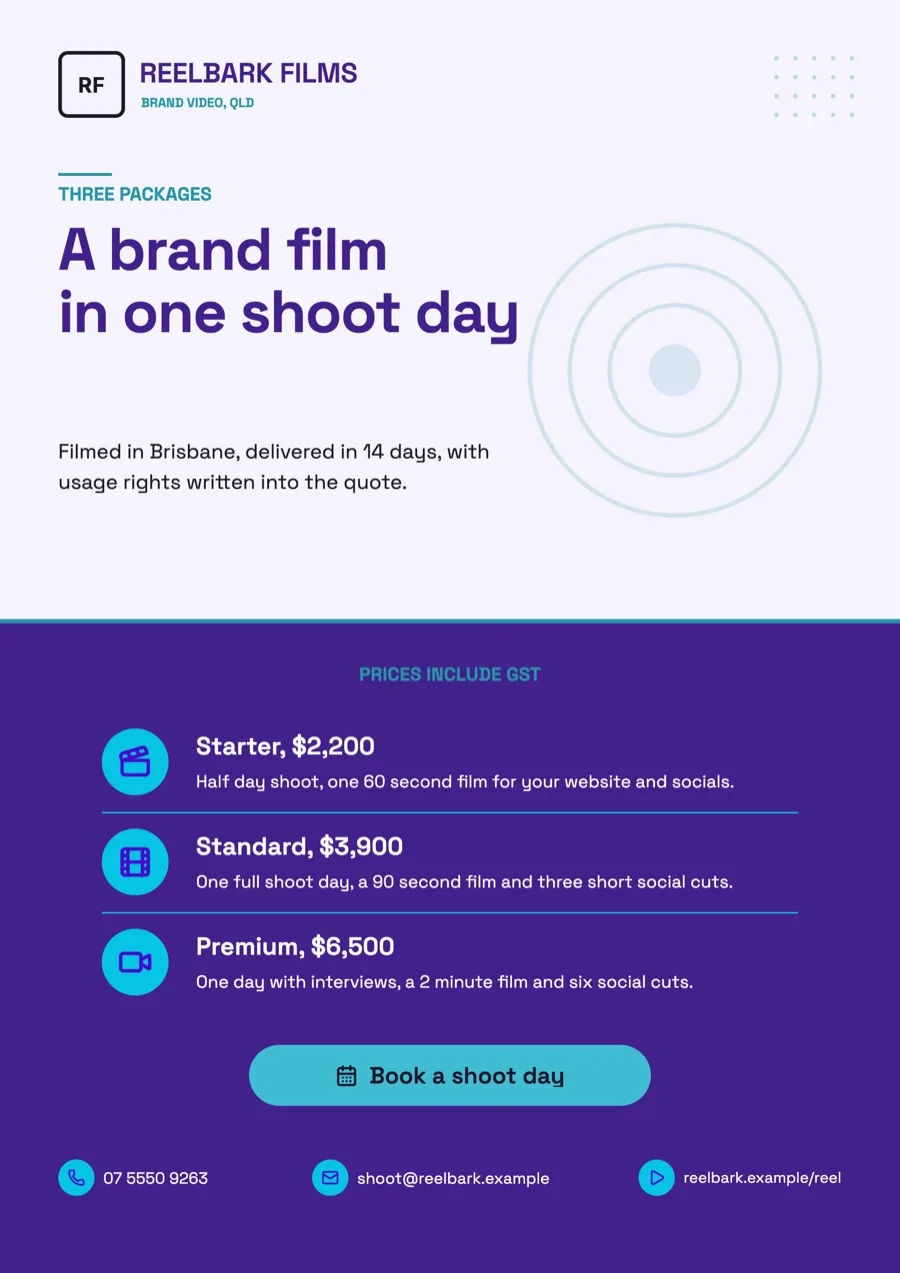 Videographer flyer for business videos, with package prices example