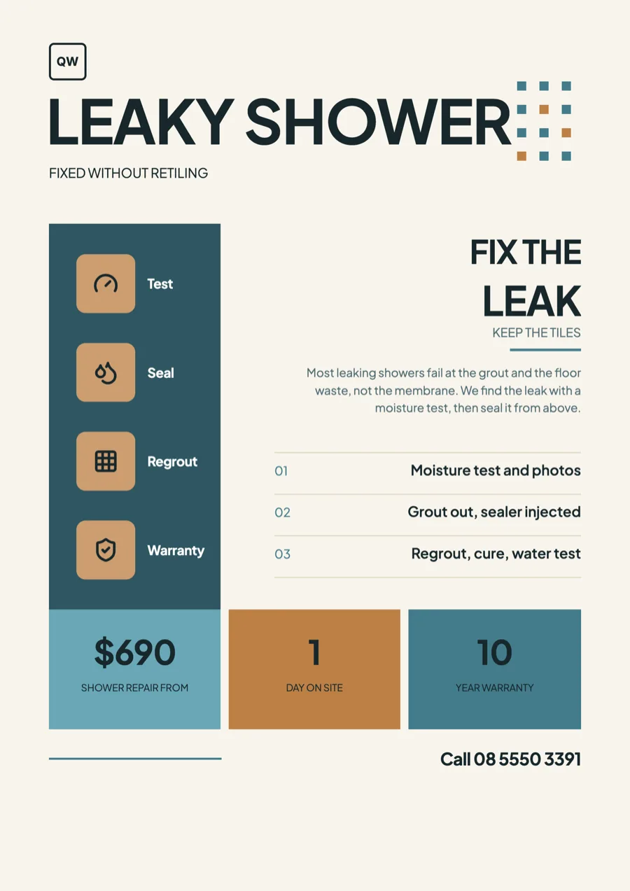 Waterproofing flyer for leaking shower repair without retiling example