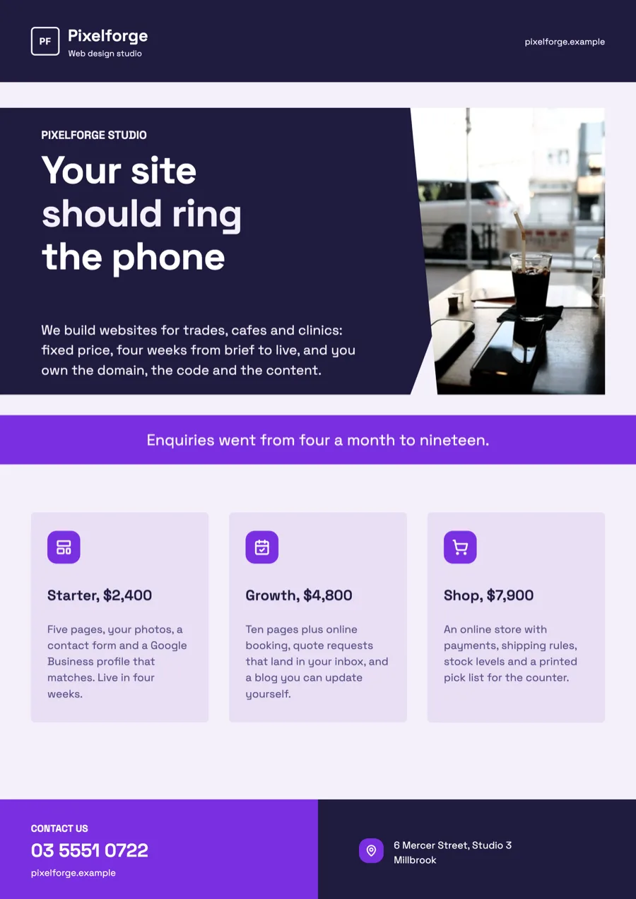 Web design agency flyer for a three person studio example