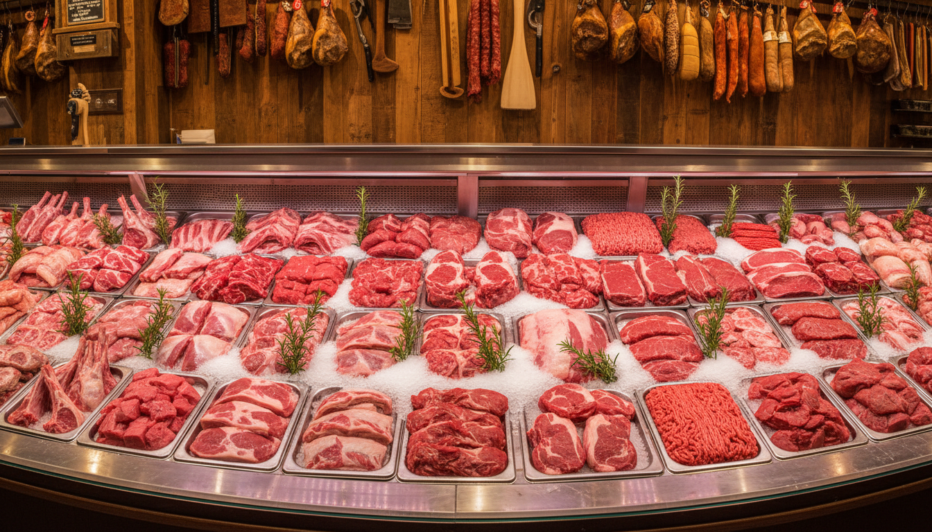 A butcher counter display of trays of lamb and beef cuts on crushed ice under warm shop lighting, sprigs of rosemary tucked between the trays, wide horizontal framing, no people, no text, no signage