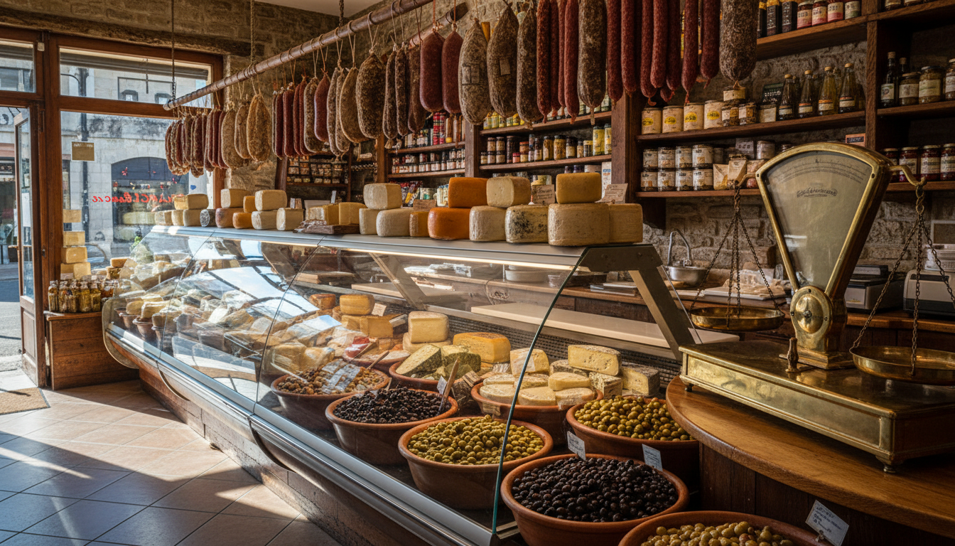 A deli cabinet of whole cheeses, cured sausage hanging above and tubs of olives, brass scales at the end of the counter, warm daylight from a shopfront, wide horizontal framing, no people, no text, no signage