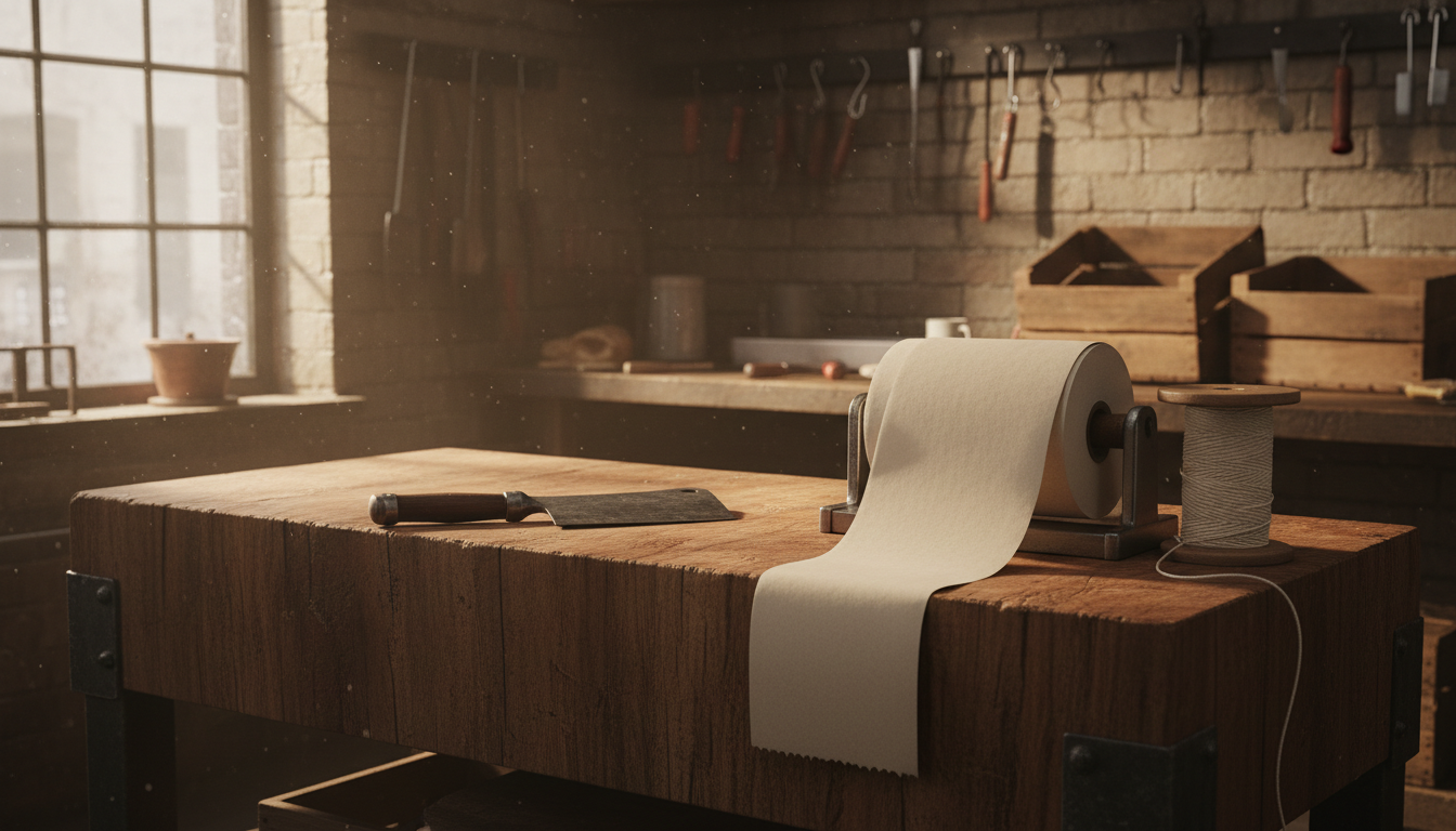 A timber chopping block in a small butcher shop with a cleaver, a roll of butcher paper and a spool of twine, morning light through a side window, wide horizontal framing, no people, no text, no signage