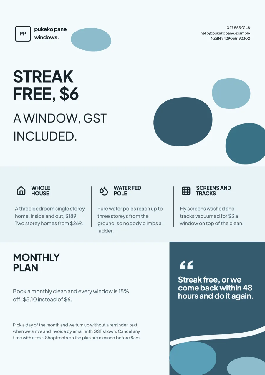 Window cleaning flyer with per window and whole house prices example