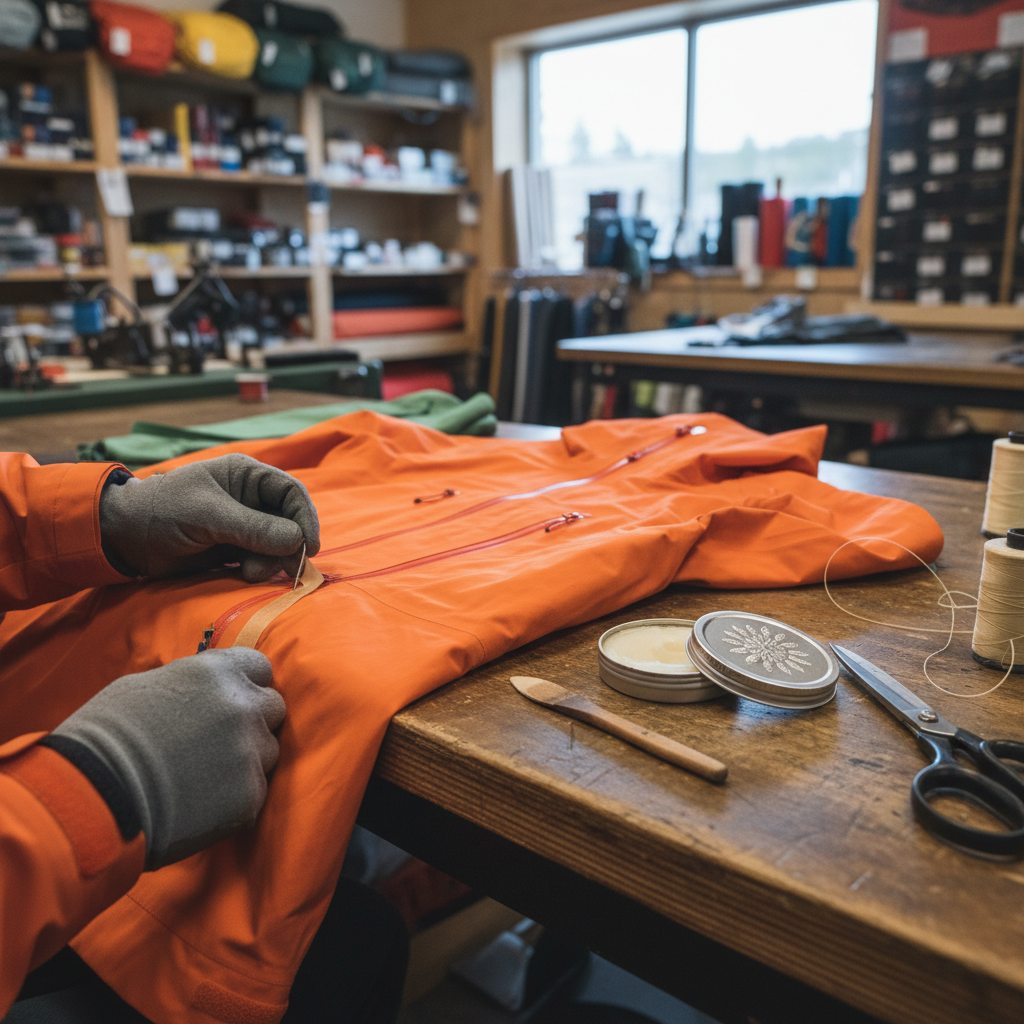 A repair bench in an outdoor gear shop, a shell jacket laid out under a lamp with seam tape, a needle and a tin of wax beside it, cold light from a high window, square framing, no people, no text, no signage