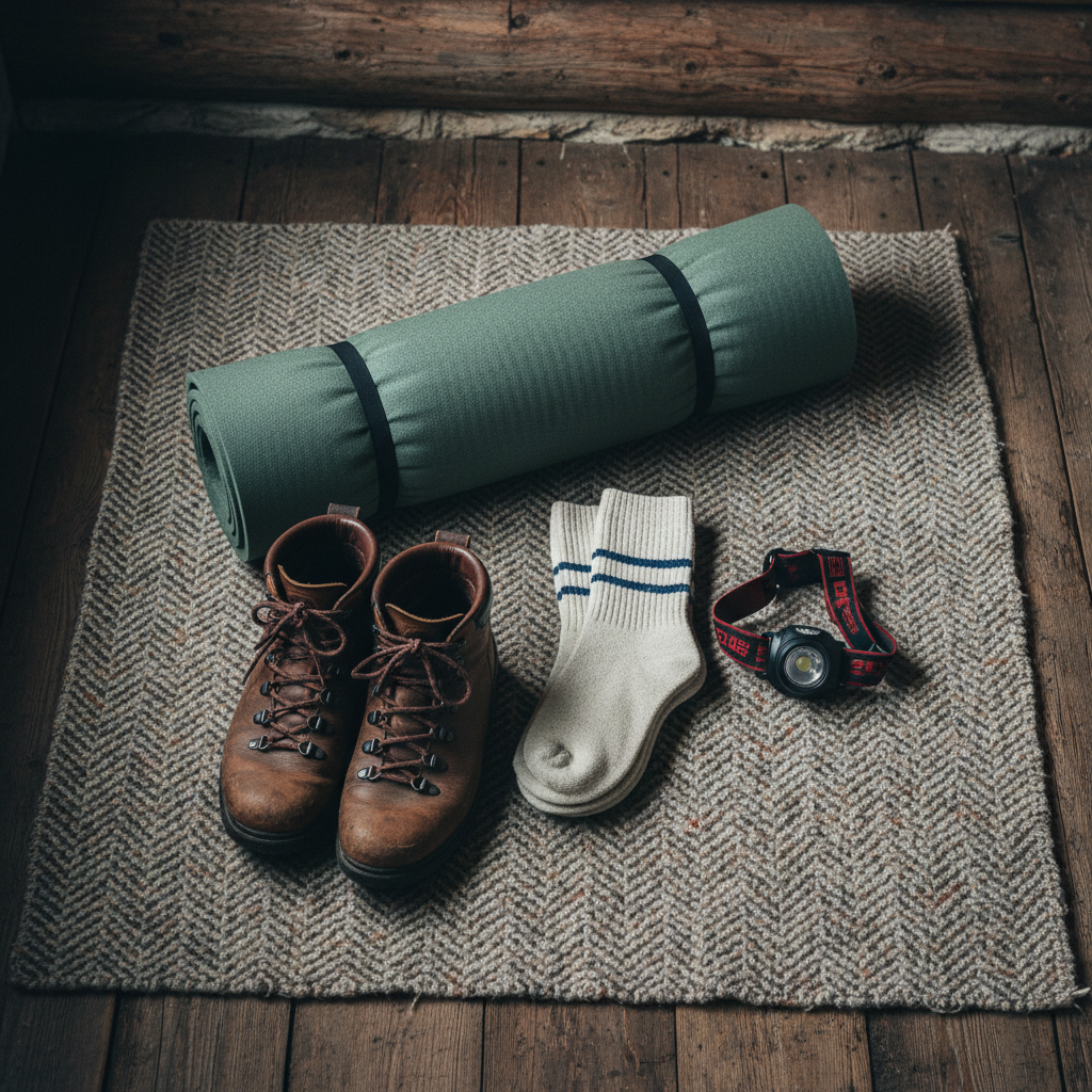 A flat lay on a wool blanket of a rolled sleeping mat, a pair of leather hiking boots, folded merino socks and a headlamp, cold overcast daylight in a timber cabin, square framing, no people, no text, no signage