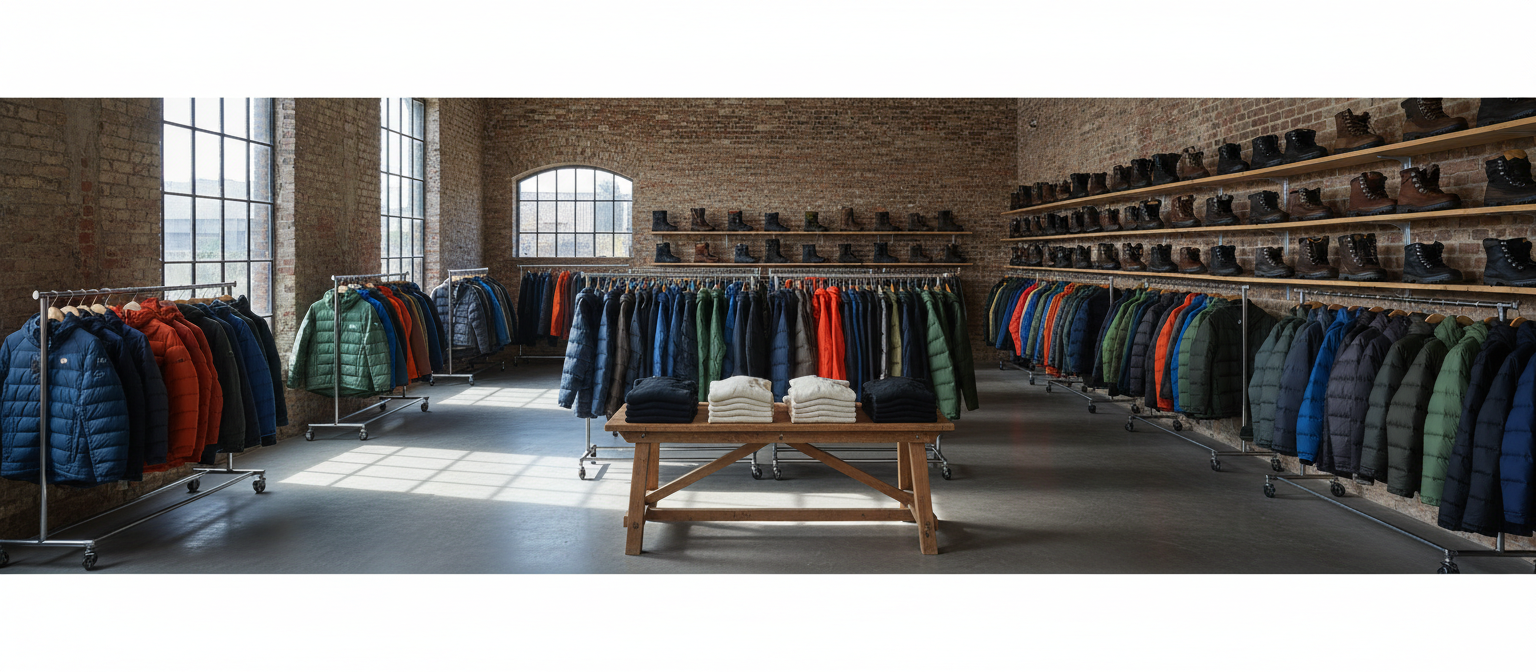 A shop floor of winter outdoor gear in a converted brick warehouse, racks of insulated jackets and a wall of plain hiking boots, a folded pile of merino base layers on a timber table, cold grey daylight through tall windows, every wall and shelf completely blank, wide horizontal framing, no people, no text, no signage