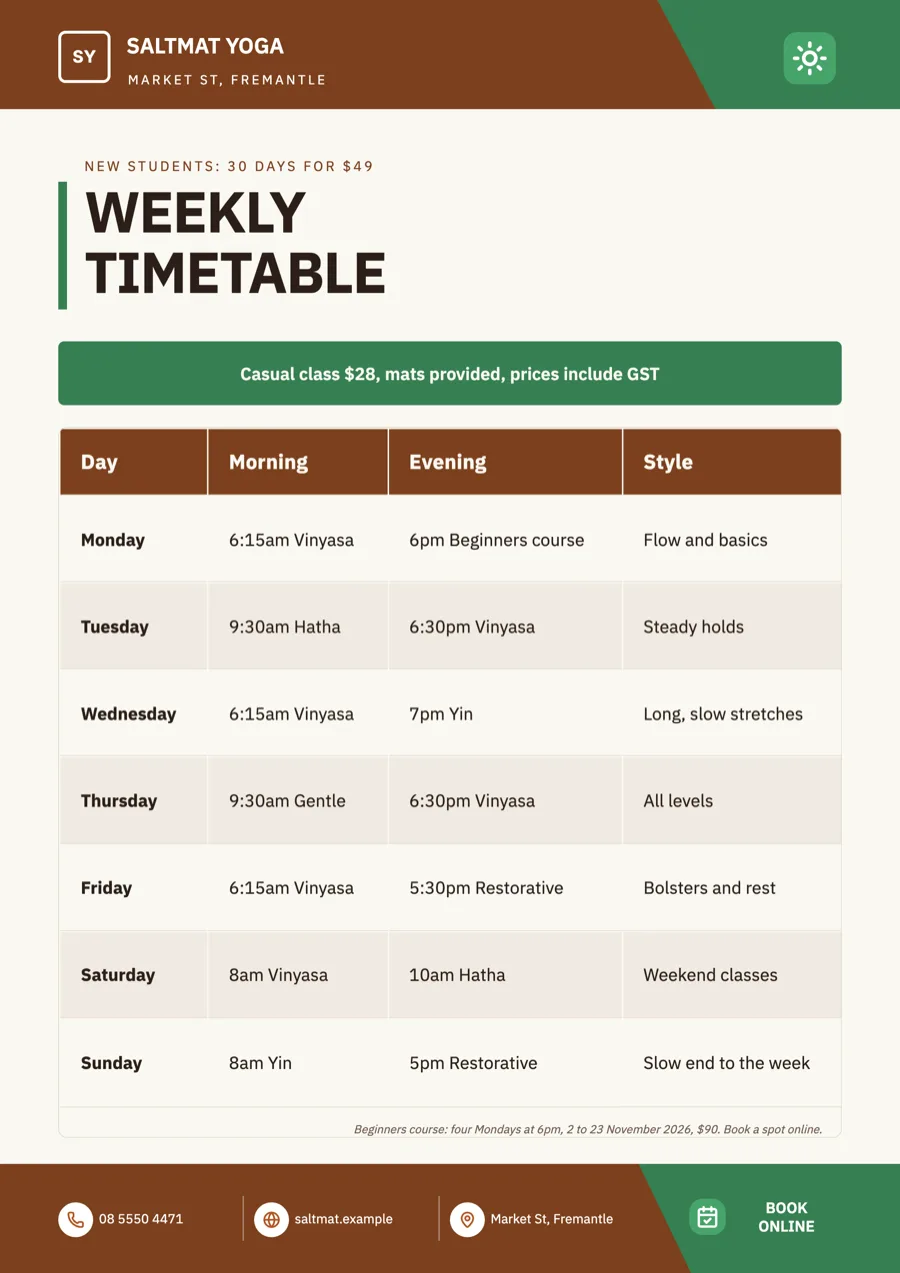 Yoga studio flyer with an intro offer and the class timetable example