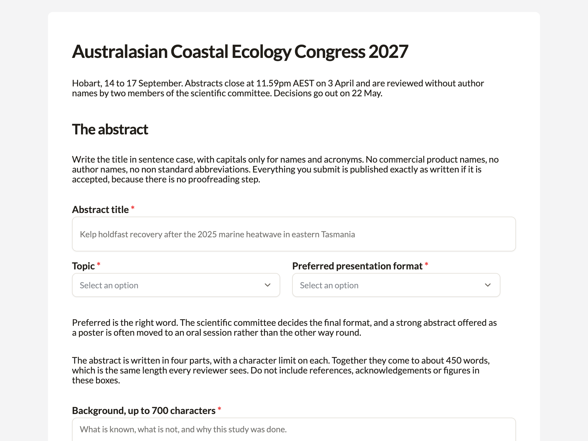 Welcome screen of the abstract submission form example