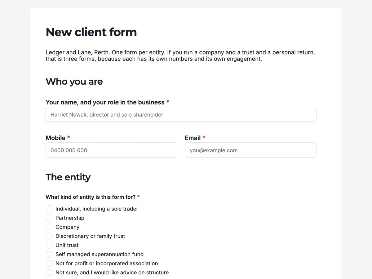 Top of the accountant new client form that never asks for a tfn example