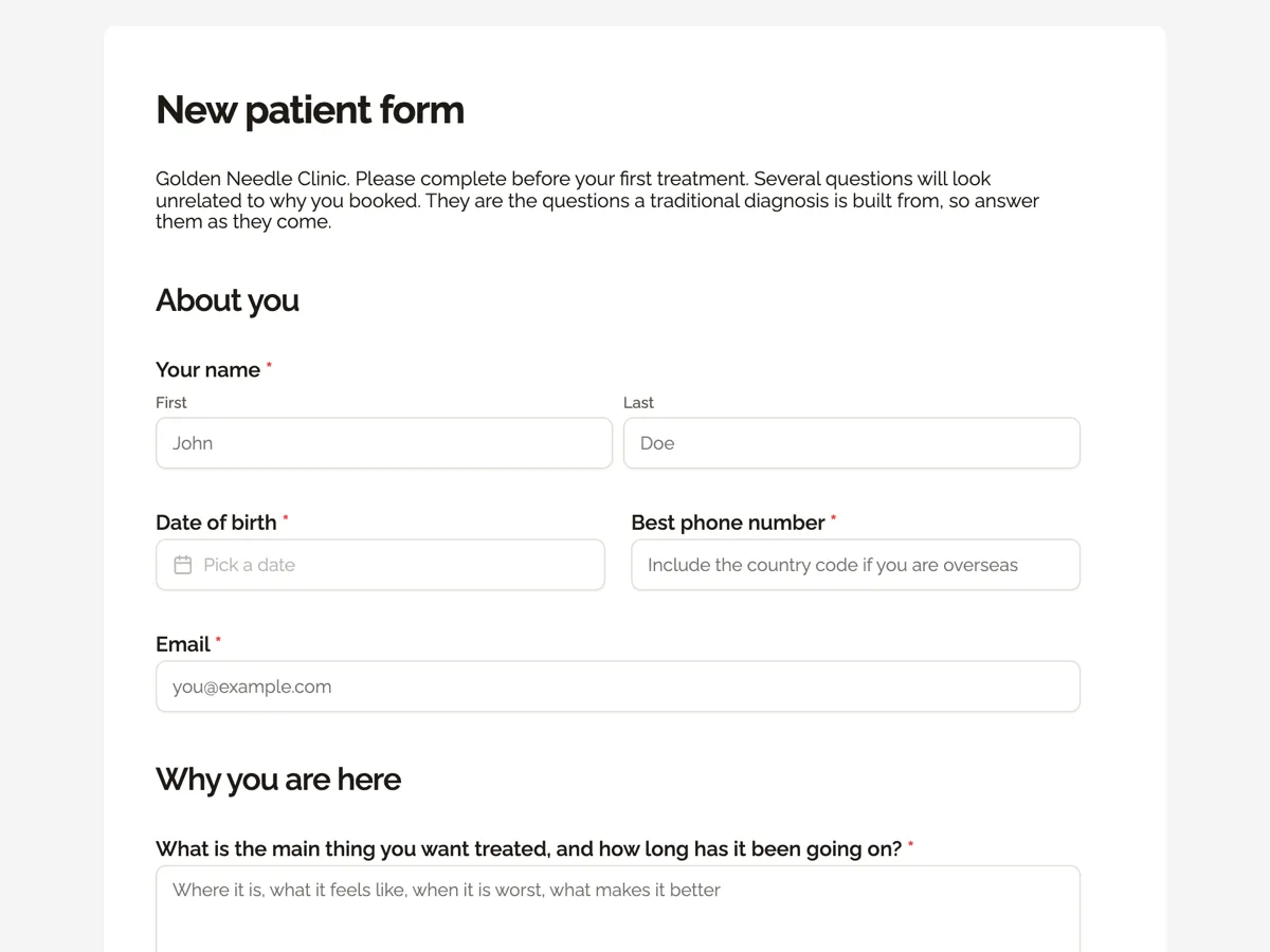 Top of the acupuncture intake form that asks the traditional questions example