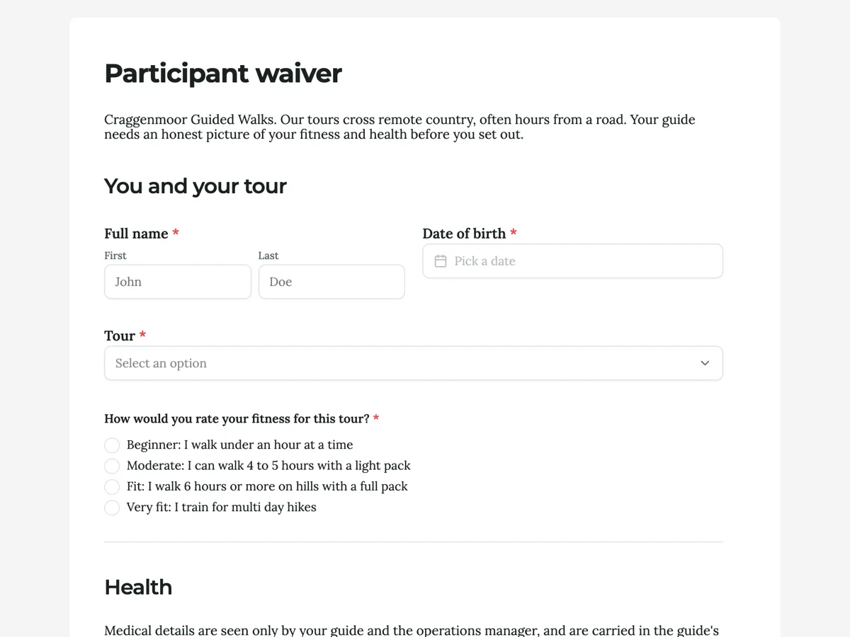 Adventure tour waiver for fitness, medical and evacuation example