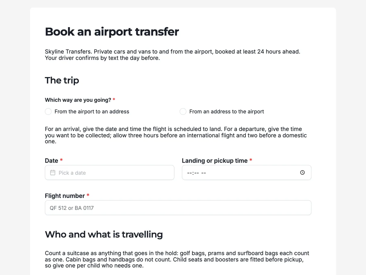 Airport transfer booking form with the flight and the luggage example