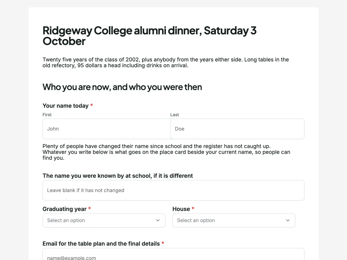 Top of the alumni event registration form with class year and guests example