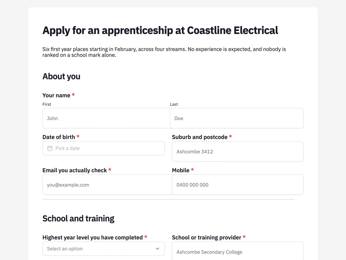 Top of the apprenticeship application form for a trade employer example